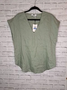 DKNY Pure Linen 100% Womens Summer Top Blouse Sz XL V- Neck Green Lagenlook NWT - Picture 1 of 11
