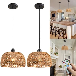 Battery Operated Pendant Light With Remote,Battery hanging light Rattan Woven... - Picture 1 of 7