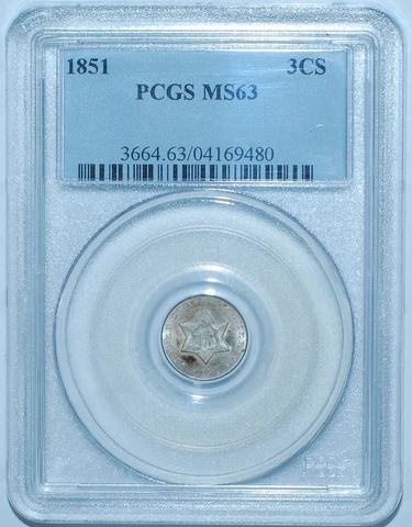 1851 PCGS MS63 3CS RPD Repunched Date Three Cent Silver Cover