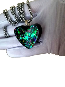 Opal Pendant Huge Green Fire Resin Opal Heart on Stainless-Steel Chain 28x31mm - Picture 1 of 6