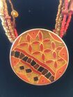 Chicos Necklace Enamel Large Medallion Multi Strand Seed Beads  16” EUC