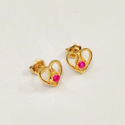 Dainty Heart Stud Earrings 10x10mm 925 Silver Pink CZ 14k Gold Plated Studs - Image 1 of 4