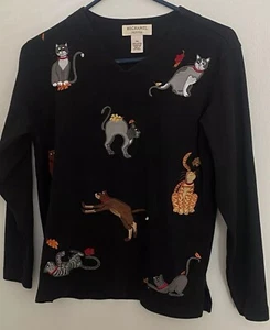Béchamel Women’s Cat V-neck Black Top Size PS Petites 100% Cotton Autumn Cats - Picture 1 of 6