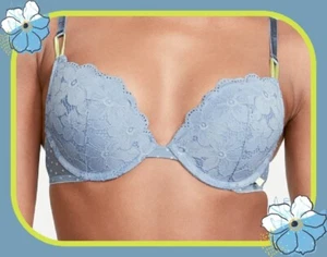 40C Blue Denim Daisy Lace Dot Extreme Lift Victorias Secret Plunge PushUp UW Bra - Picture 1 of 12