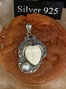 Silver / Bone /mix Stone Pendant ,,, Bali Style / Art Deco / Goddess Pendant - Picture 1 of 10