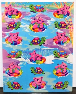 ¡HOJA ADHESIVA VINTAGE LISA FRANK CERDOS CERDOS EN TUBOS DE PISCINA ARCO IRIS Y TORTUGAS! - Imagen 1 de 3
