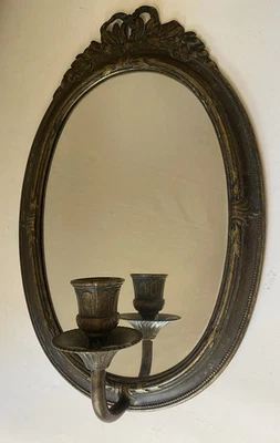 VTG Oval Mirror Brass Bronze French Bow Crest Floral Emboss Frame Candle Holder - Image 1 of 4