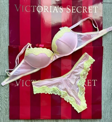 Victoria’s Secret Tease Sujetador Push-Up y Tanga Satinado Set 34C/M Nuevo con Etiquetas Foto 1 de 4