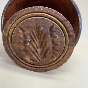 Antike primitive geschnitzte Holz Butterform um 1800 ~ Presse ~ Stempel Fraktur Farn Weizen - Bild 1 von 8