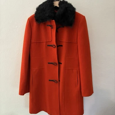 Vintage Mod Orange Wool Coat Black Faux Fur Collar Toggle Closure Retro Chic - Imagem 1 de 4