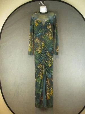 Black Halo EVE Dress Womens 10 Green Floral Ruched Maxi Mesh Evening Made USA - Image 1 of 4