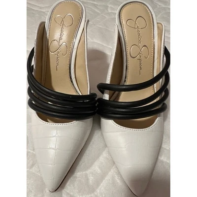 Jessica Simpson Blanco Cocodrilo Repujado Mules Tacones Negros Tirantes Mujer Talla 6M Foto 1 de 4