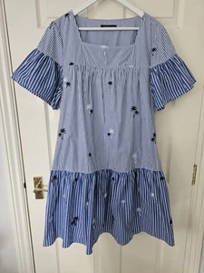 M&S Embroidered Dress Size 20 Palm Trees Stripes Patchwork Square Neck - Picture 1 of 12
