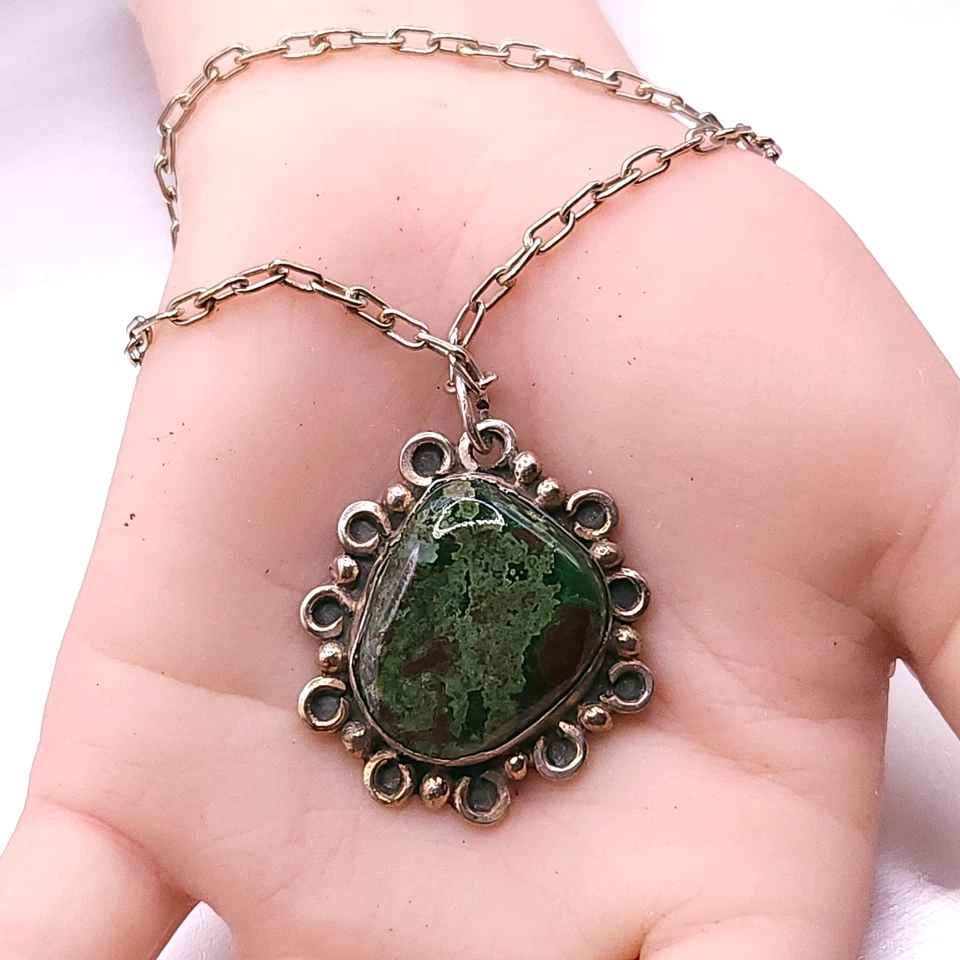 Винтажный серебро зеленый бирюза Мексика подвеска цепочка ожерелье 24" - Изображение 1 из 4