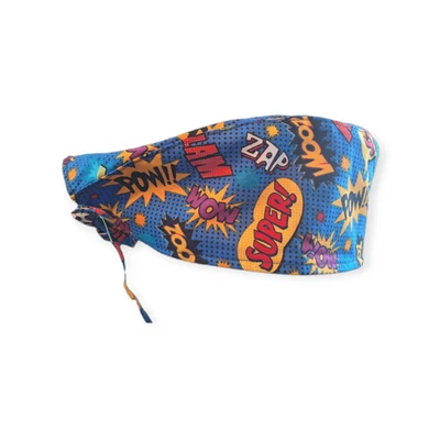 POW WOW on Blue Tie Back Scrub hat/ cap 100% Cotton Surgical Medical - Image 1 of 2