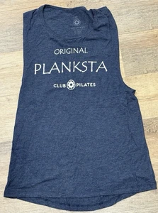 Club Pilates Navy Tank Top M Original Planksta White Lettering Deep Arm Holes - Picture 1 of 5