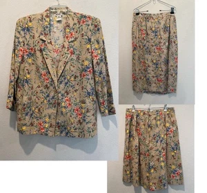 Vintage 3 teiliges Outfit Blazer Bermuda Shorts & Rock hellbraun Blumenmuster Gr. L/14 - Bild 1 von 15