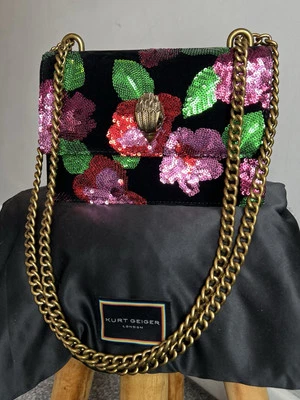 Kurt Geiger Small Crossbody Shoreditch Bag Leather Black Floral Sequin Eagle NEW - Image 1 of 4