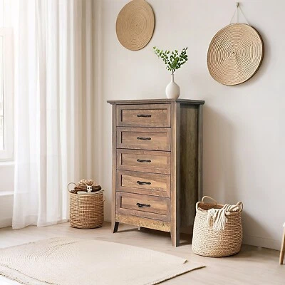 Cómoda alta de madera de granja de 5 cajones con asas de metal para dormitorio vintage Foto 1 de 4