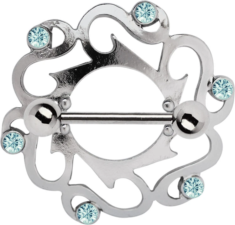 Piercing Capezzolo Gioiello Scudo Tribale Con 6 Pietre + Barra Con Blocca Palla - Immagine 1 di 2