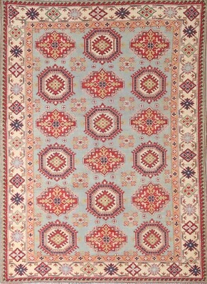 Geometric Light Blue/ Ivory Super Kazak Area Rug 5'x7' Wool Hand-knotted Carpet - Image 1 of 4