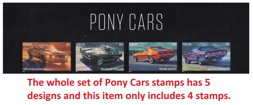 US 5715a-5719a 5719c Pony Cars imperf NDC header strip 4 MNH 2022 - Image 1 of 1