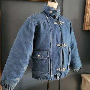 Vintage 80s Heavy Denim Fireman Puffer Bomber Jacket Winter Snow Chore Utility - Bild 1 von 20