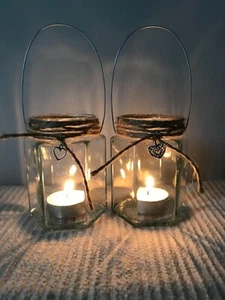 Hanging glass Jar lantern hexagonal 12oz candle holder wedding vase Christmas - Picture 1 of 18