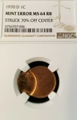 1970 D LINCOLN CENT 1C NGC MS 64 RB MINT ERROR STRUCK 70% OFF CENTER - Image 1 of 3
