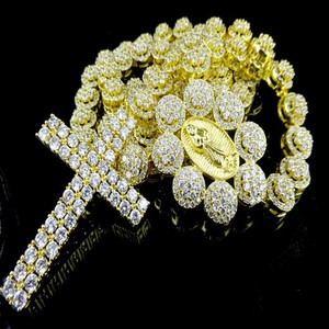 Men Cluster Flower Rosary Necklace Lab Diamond Link Set Chain Yellow Gold Finish