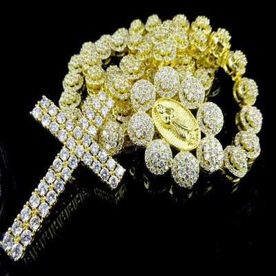 Collar Rosario Flor Racimo Hombres Conjunto de Eslabones Diamante Laboratorio Cadena Acabado Oro Amarillo Foto 1 de 4