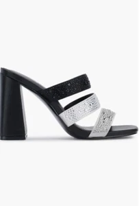 Karl Lagerfeld *Rickie* Black/White/Silver Satin/Crystal Slip-On Heel 7.5 NEW - Picture 1 of 5
