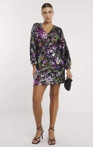 Simply Be Womens Black Floral Print Mini Dress V-Neck Sequin RRP £130 - Picture 1 of 34