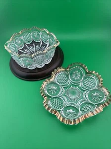 Early American Pressed Glass Bowl And Dish With Stars And Bullseye, Gold Trim - Picture 1 of 14