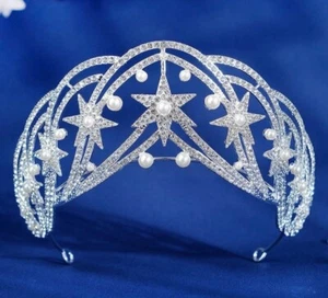 Queen Princess Tiara for Women, Silver Pearl Wedding Crown for Bride, Rhinestone - Picture 1 of 3
