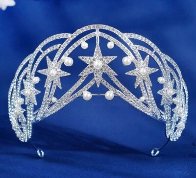 Tiara rainha princesa feminina, coroa de casamento pérola prata para noiva, strass - Imagem 1 de 3