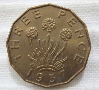1937 Gran Bretaña Inglaterra Reino Unido 3 tres peniques 3d brillante sin circular Manchas Foto 1 de 2