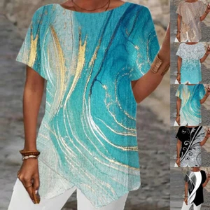 Women Boho Printed Casual Short Sleeve Blouse Shirt Summer Tunic Tops T-Shirt US - Picture 1 of 21