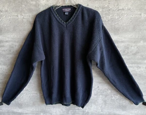 Maglione vintage Roundtree & Yorke blu navy e verde maglia cotone scollo a V taglia L USA - Foto 1 di 9