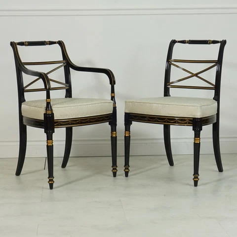 Set of 8 mahogany Regency style Dining chairs Traditional Ebony black gold Cover