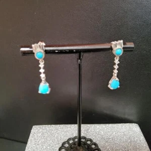 Sleeping Beauty Turquoise, Cambodian Zircon Earrings Plat. Over Ster. Silver 622 - Picture 1 of 12