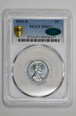 1943 D 1c Lincoln Steel Wheat Cent PCGS & CAC MS 67+  Cracked Case - Image 1 of 2