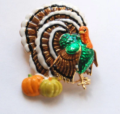 Turkey w Pumpkins Pin or Pendent w Gold-tone Accents / Fall or Halloween Jewelry - Image 1 of 2