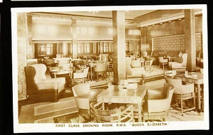 RMS Queen Elizabeth Photo Postcard - 1st Class Smoking Room - Cunard Line - Picture 1 of 2