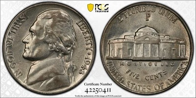 1943/2-P Jefferson Nickel 5c - PCGS AU50 DDO FS-101 - Rare Overdate - Image 1 of 3