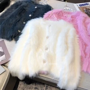 Women Imitation Fur Velvet Knitted Cardigan V-neck Button Sweater Coat Outwear - Picture 1 of 27