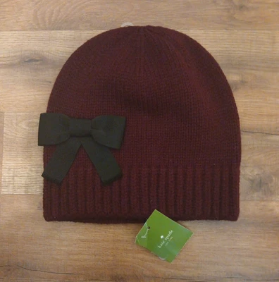 Kate Spade NY Grosgrain Bow Beanie 0/S Midnight Wine Red Wool Blend - Image 1 of 4