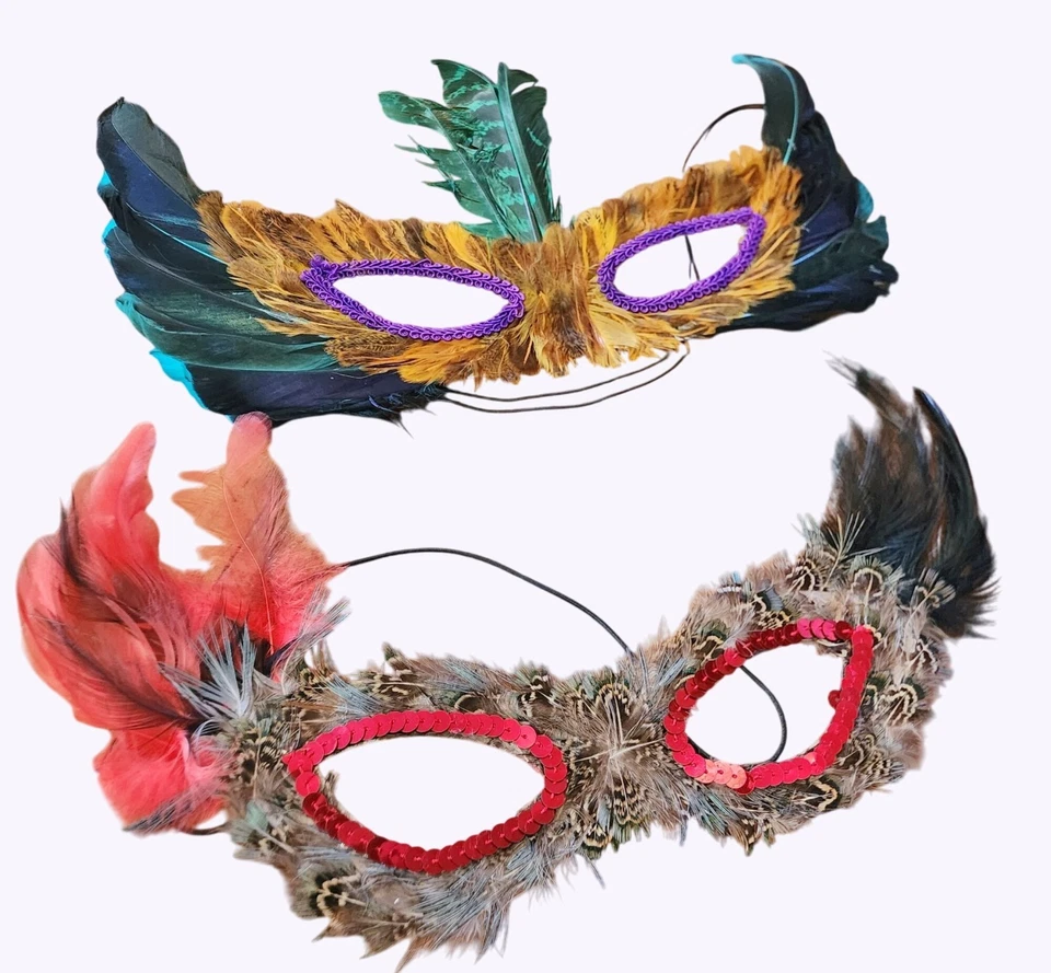 Vintage Feather Masquerade Masks With Red & Purple Sequin Detail - Image 1 of 3