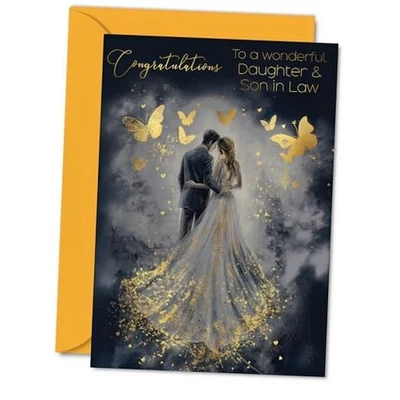 Cartão de casamento - Borboletas douradas casal feliz - Golden A5 filha e genro - Imagem 1 de 4