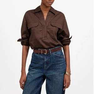 NWT Madewell Utility Long-Sleeve Popover Shirt V-Neck Pockets Dark Carob XXS - Picture 1 of 11
